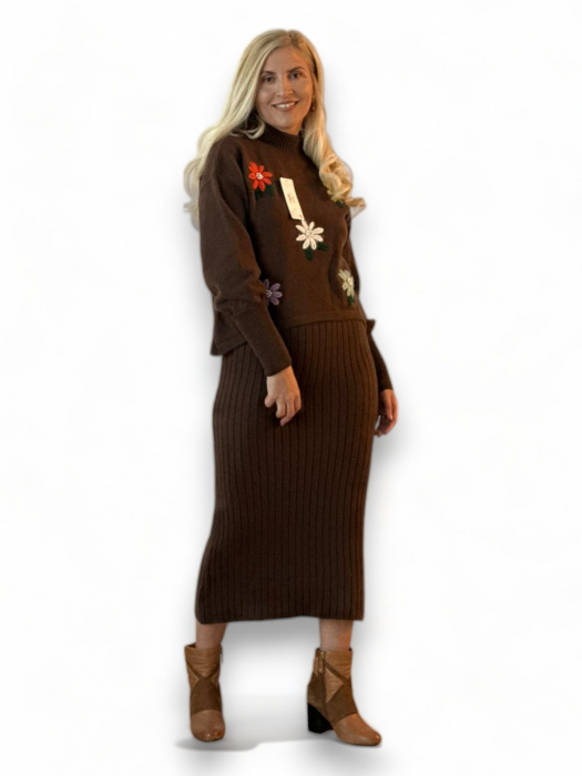 Rochie Dama 2 in 1 Amos cu Pulover Flori 3D Maro [6]