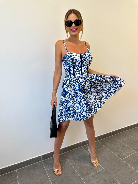 Rochie damă evazată cu bretele subțiri și imprimeu fructat – Lemon, Green Lemon, Ceramic Blu [1]