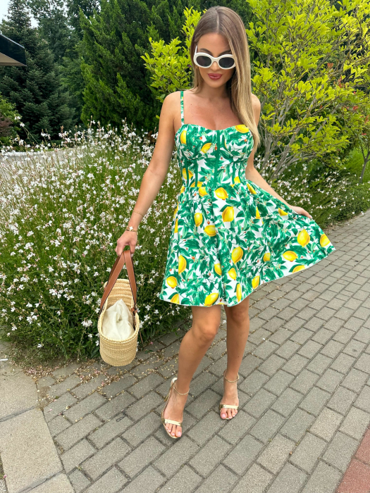 Rochie damă evazată cu bretele subțiri și imprimeu fructat – Lemon, Green Lemon, Ceramic Blu [3]