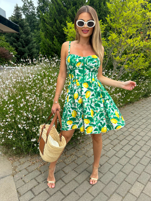 Rochie damă evazată cu bretele subțiri și imprimeu fructat – Lemon, Green Lemon, Ceramic Blu [2]
