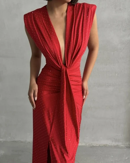 Rochie Dama Lycra croiala cu fronseuri si decolteu adanc cu strasuri - Hannah [1]