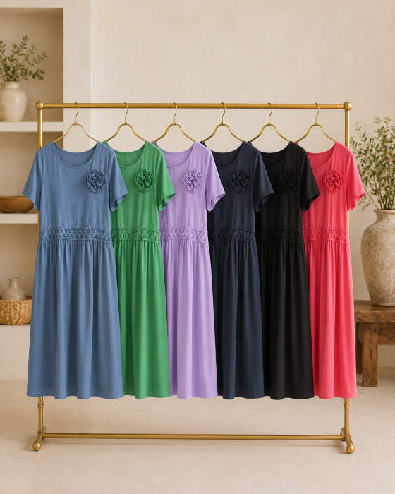 Rochie dama midi din bumbac cu buzunare, aplicatie florala si dantela decorativa [2]
