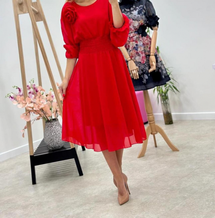 Rochie Dama Midi din Voal Captusit cu Trandafir pe Umar [1]