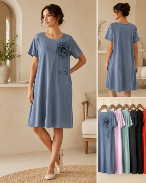 Rochie dama midi lejera din bumbac cu aplicatie florala 3D si maneca scurta [2]