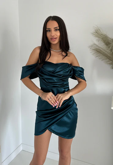 Rochie Dama Mini cu Bretele Cazute pe Umeri si Aspect Satinat - Milla [5]