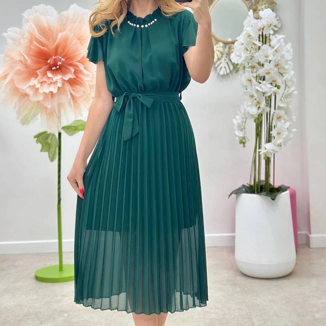 Rochie damă plisată din voal cu cordon – talie elastică – 7 culori – mărime unică S-L [1]