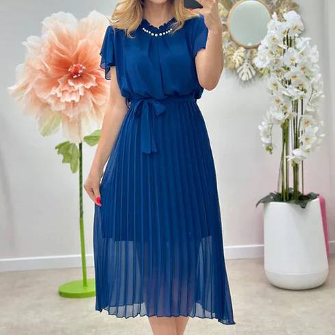 Rochie damă plisată din voal cu cordon – talie elastică – 7 culori – mărime unică S-L [1]