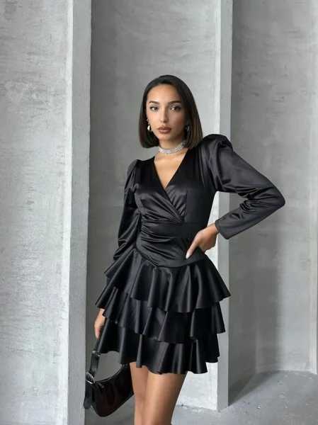Rochie Dama Satin Baby Doll cu Maneca Lunga - Clara [2]
