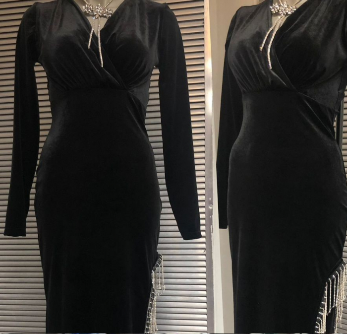 Rochie Dama Catifea cu Decupaj Leteral si Franjuri [2]