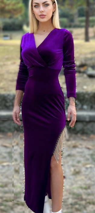 Rochie Dama Catifea cu Decupaj Leteral si Franjuri [1]