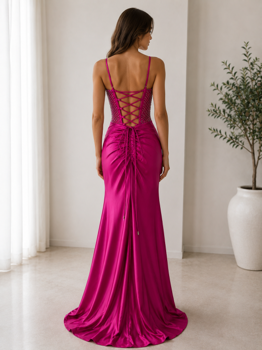 Rochie de seara din satin cu corset cu paiete aplicate [3]