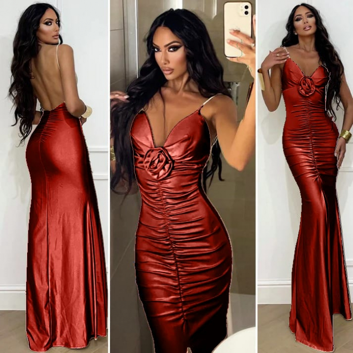 Rochie de seara din satin cu trandafir aplicat pe decolteu [1]