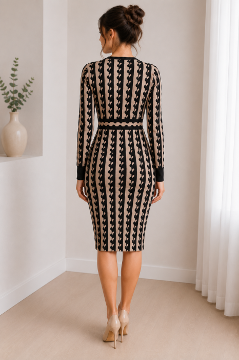 Rochie de tricot cu decolteu in V, imprimeu geometric si croi cambrat [2]