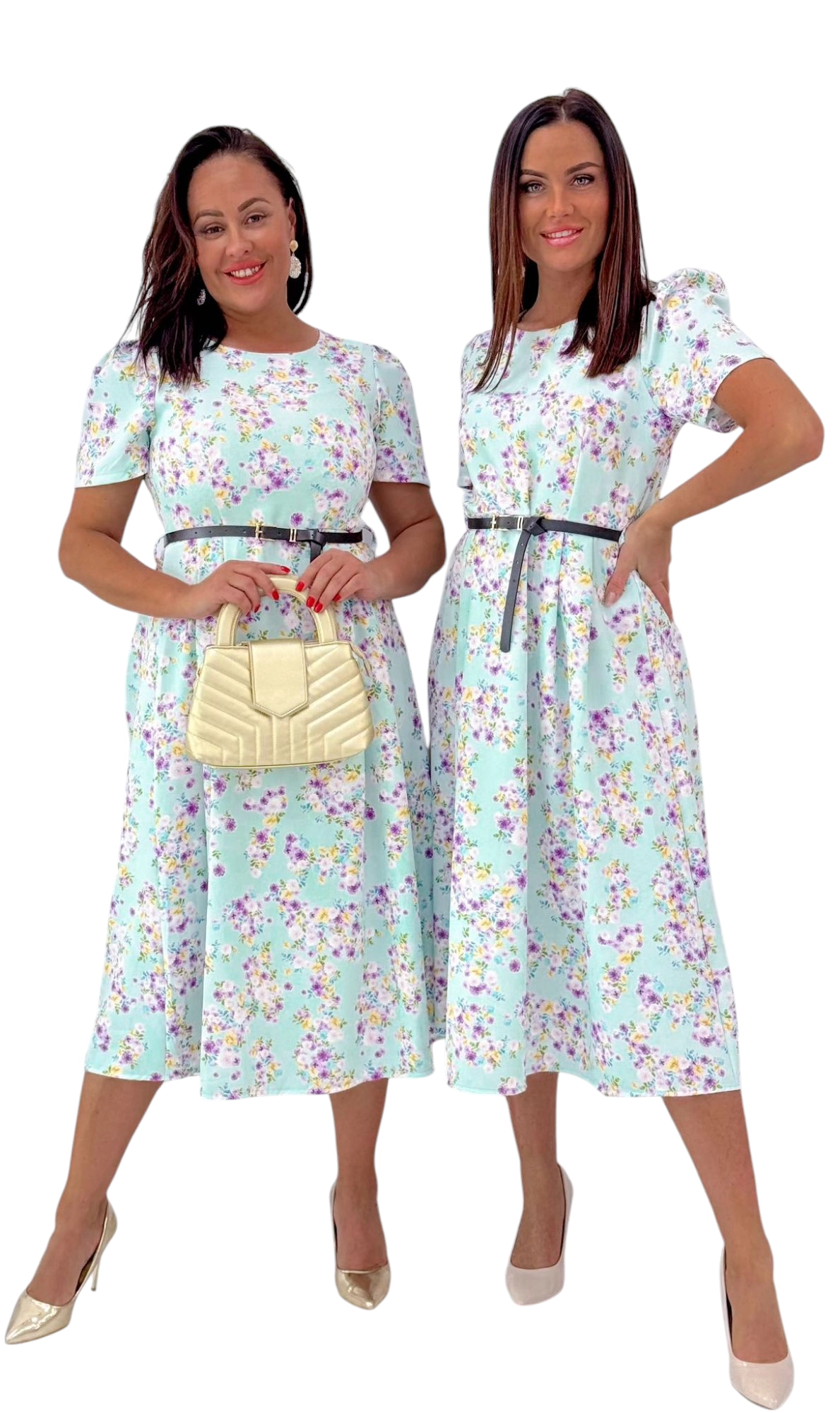 Rochie eleganta cu croiala lunga si curelusa – model floral cu maneci bufante si buzunare laterale, marime universala [2]