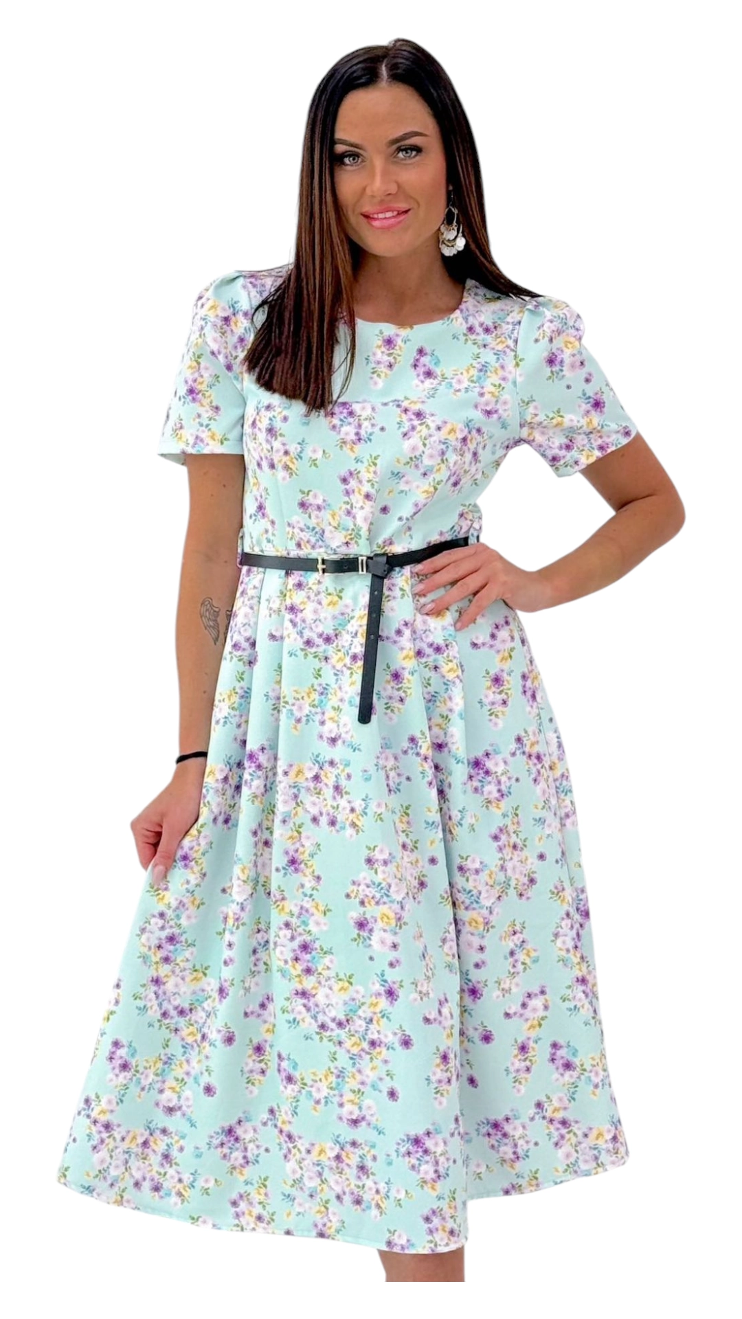 Rochie eleganta cu croiala lunga si curelusa – model floral cu maneci bufante si buzunare laterale, marime universala [1]