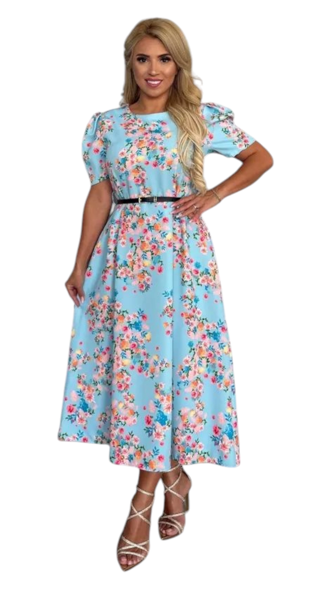 Rochie eleganta cu croiala lunga si curelusa – model floral cu maneci bufante si buzunare laterale, marime universala [1]