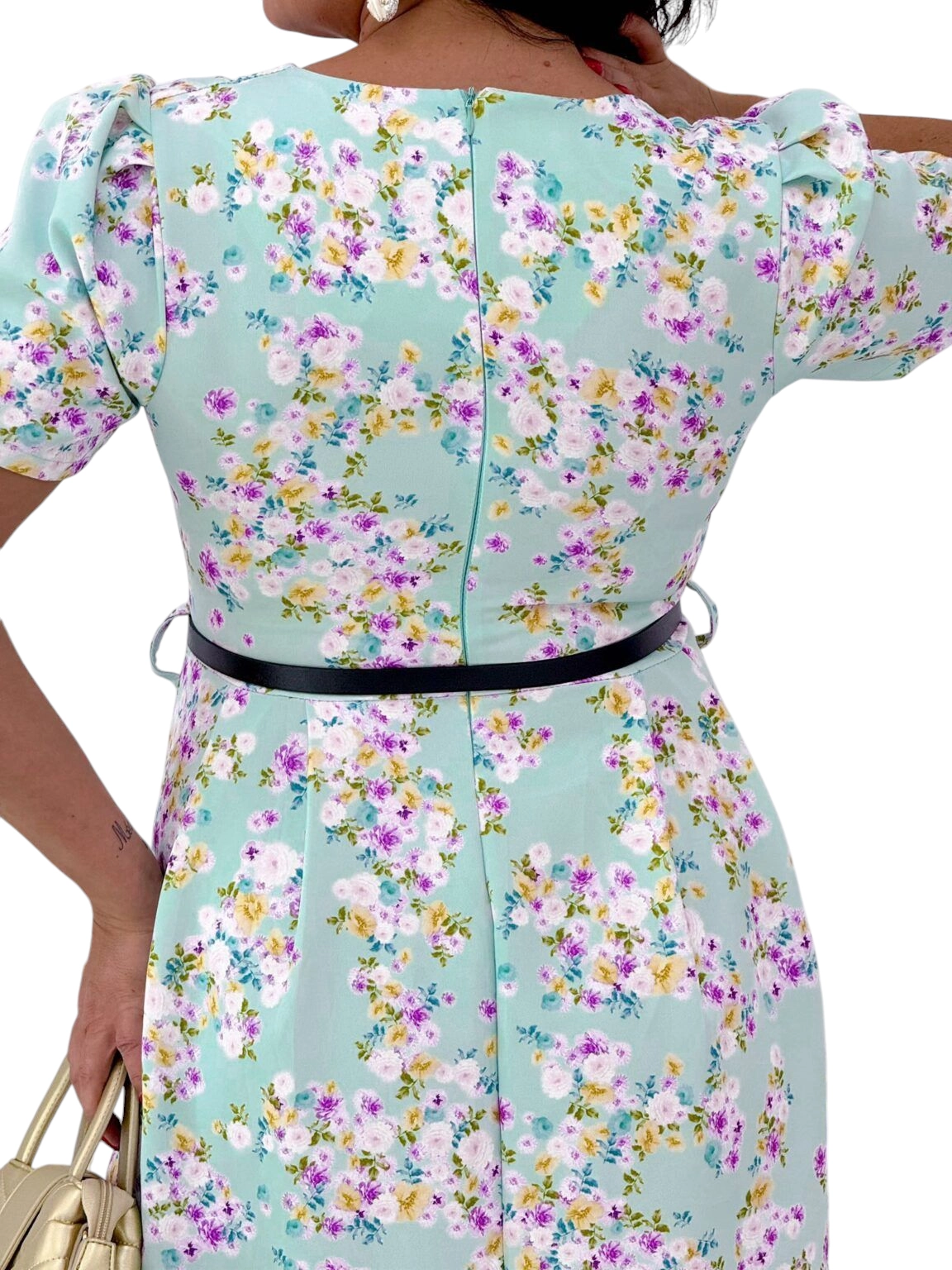 Rochie eleganta cu croiala lunga si curelusa – model floral cu maneci bufante si buzunare laterale, marime universala [3]