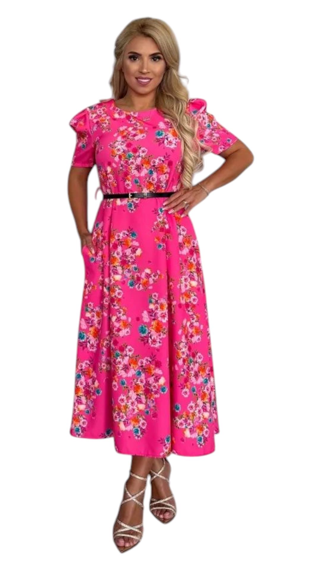 Rochie eleganta cu croiala lunga si curelusa – model floral cu maneci bufante si buzunare laterale, marime universala [1]