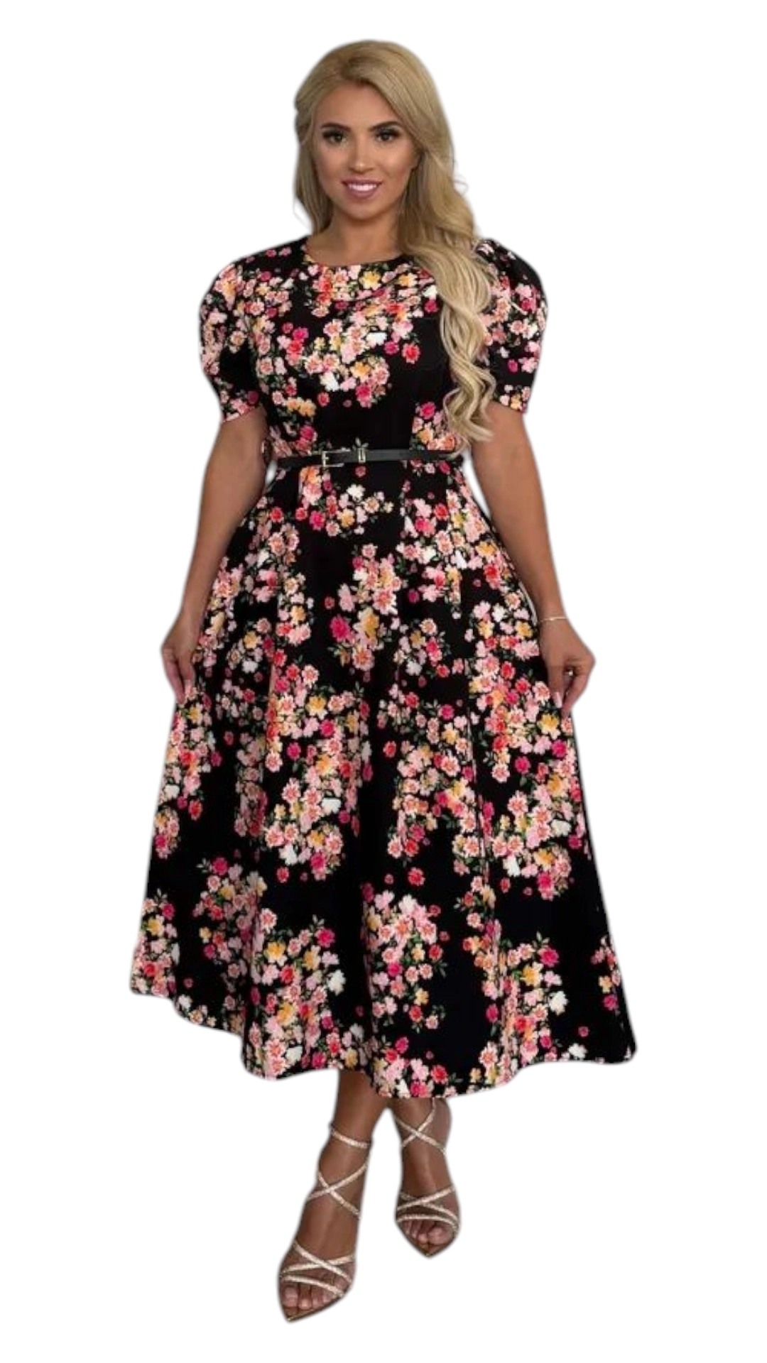 Rochie eleganta cu croiala lunga si curelusa – model floral cu maneci bufante si buzunare laterale, marime universala [1]