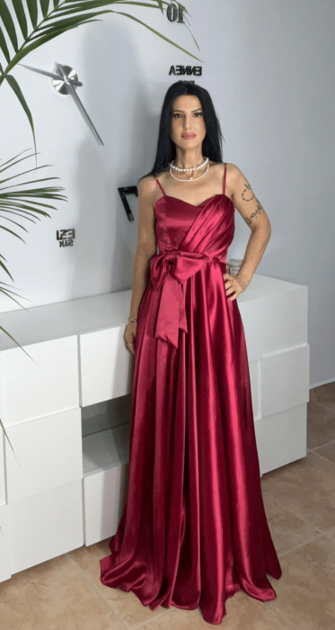 Rochie eleganta din satin premium – Design cu bretele ajustabile pliuri si fundă sofisticata [5]