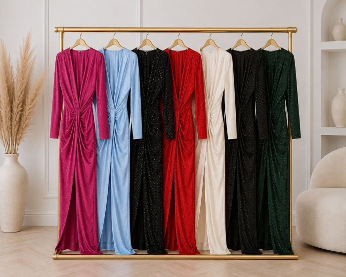 Rochie eleganta maxi din lycra cu strasuri, fronseuri si decolteu adanc, marime universala [7]