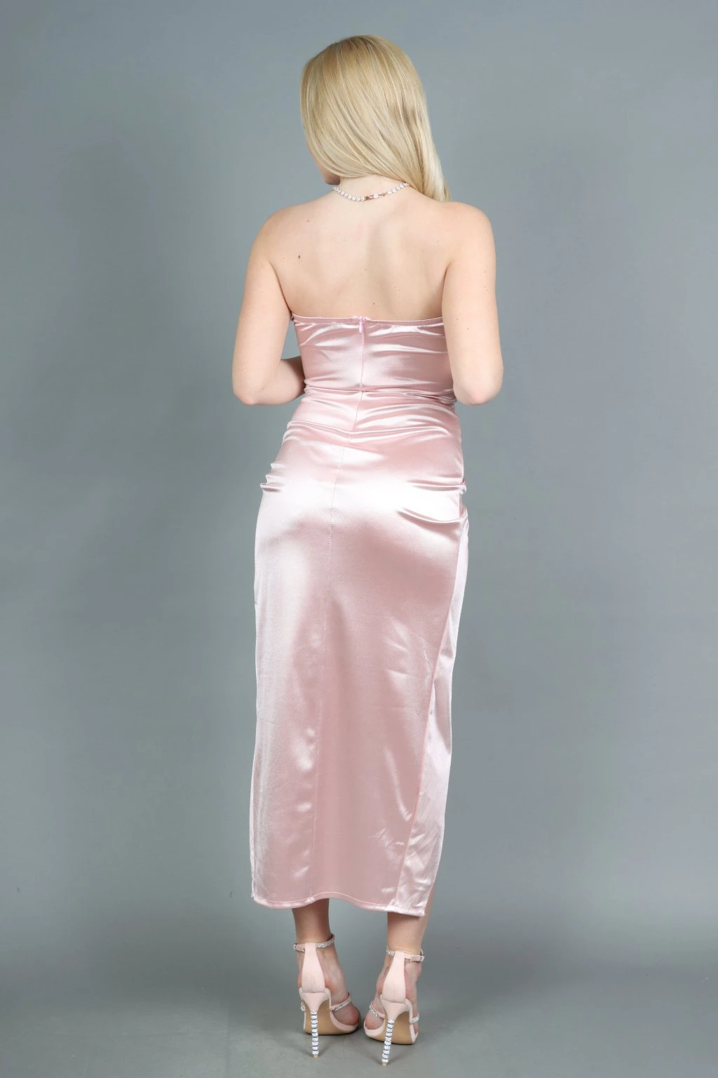 Rochie eleganta satinata fara bretele Rosita – bustiera cu floare si slit frontal, marime universala, disponibile mai multe culori [5]