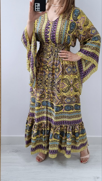Rochie lunga boho din matase indiana cu imprimeu oriental si croiala lejera – marime universala, 5 culori mixte [1]
