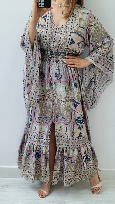 Rochie lunga boho din matase indiana cu imprimeu oriental si croiala lejera – marime universala, 5 culori mixte [1]