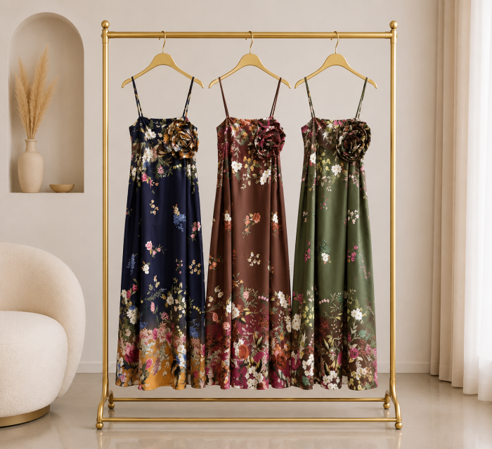 Rochie lunga cu imprimeu floral si floare decorativa la bust din bumbac [2]