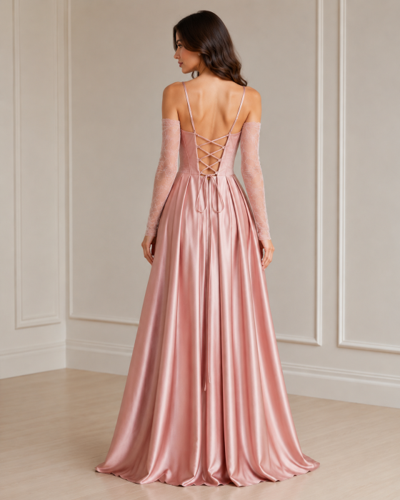 Rochie lunga din poliester satinat cu corset, maneci din dantela si spate cu snur [2]