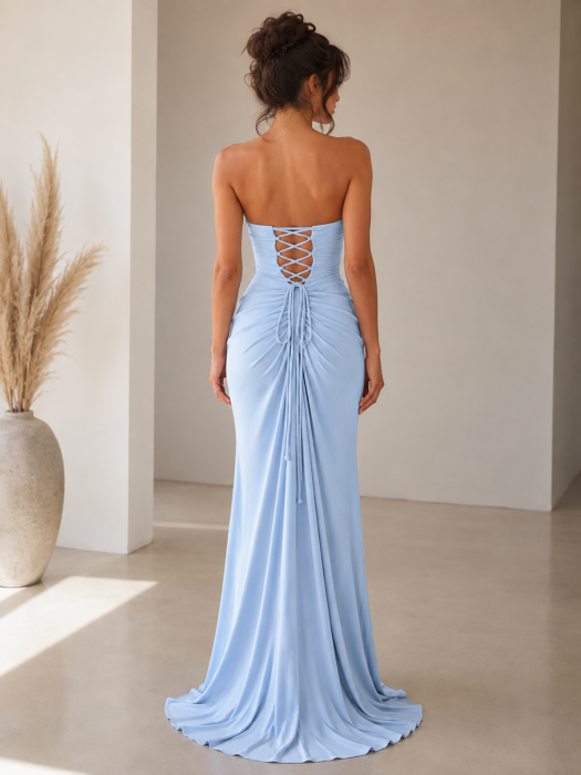 Rochie lunga din poliester satinat cu drapaj elegant si crapatura pe picior [4]