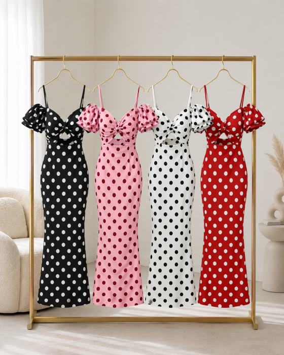 Rochie lunga eleganta cu buline, umeri goi si fronseu bust [3]