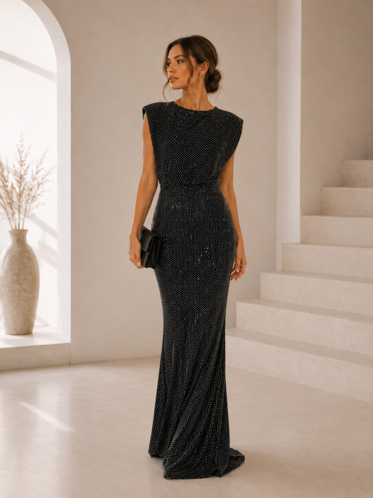 Rochie lunga eleganta cu strasuri, decolteu inalt si croi mulat din lycra [2]
