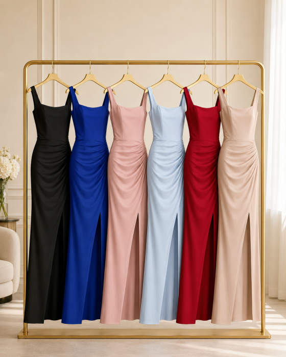 Rochie lunga eleganta dama cu slit si spate reglabil, poliester satinat cu aplicatii strasuri [3]