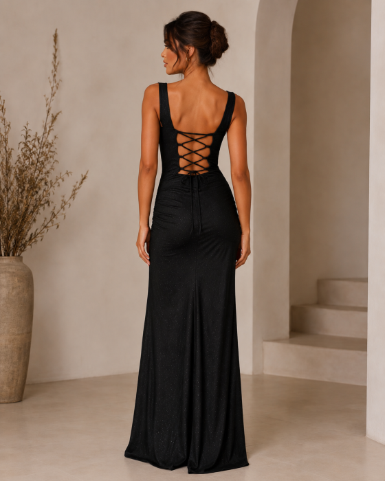 Rochie lunga eleganta dama cu slit si spate reglabil, poliester satinat cu aplicatii strasuri [2]