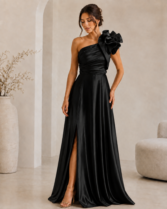 Rochie lunga eleganta pe un umar din poliester satinat cu floare decorativa si slit lateral [4]