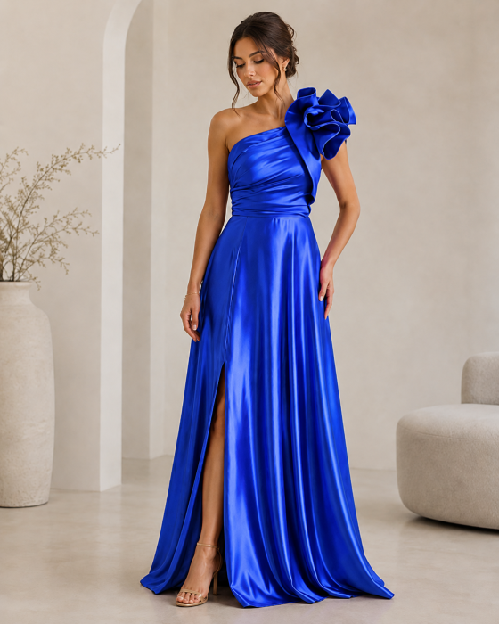 Rochie lunga eleganta pe un umar din poliester satinat cu floare decorativa si slit lateral [5]