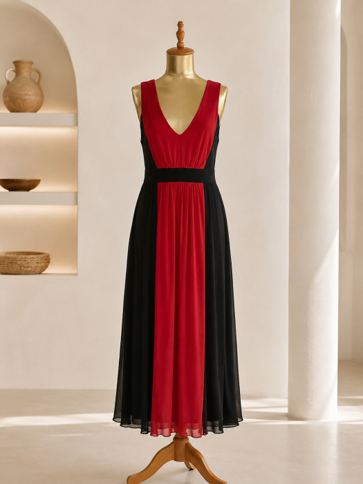 Rochie lunga eleganta rosu-negru cu decolteu in V si croi vaporos [2]