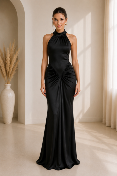 Rochie lunga eleganta satinata cu fronseu si decolteu halter [2]