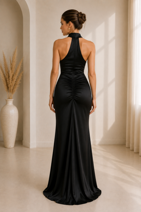 Rochie lunga eleganta satinata cu fronseu si decolteu halter [3]