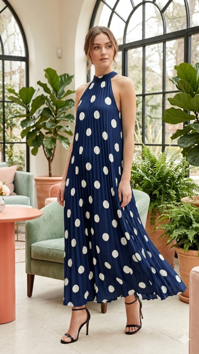 Rochie lunga plisata cu buline mari, model halter elegant [4]