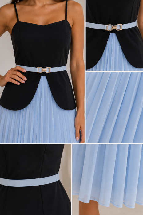 Rochie lunga plisata cu curea si top negru cu bretele [3]