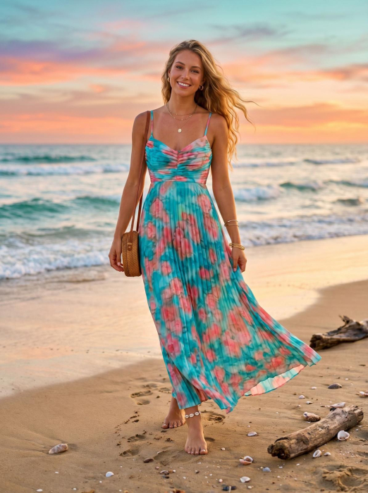 Rochie lunga plisata cu imprimeu floral si bretele subtiri [5]