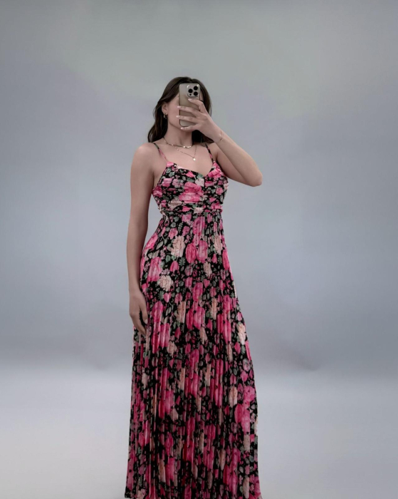 Rochie lunga plisata cu imprimeu floral si bretele subtiri [9]