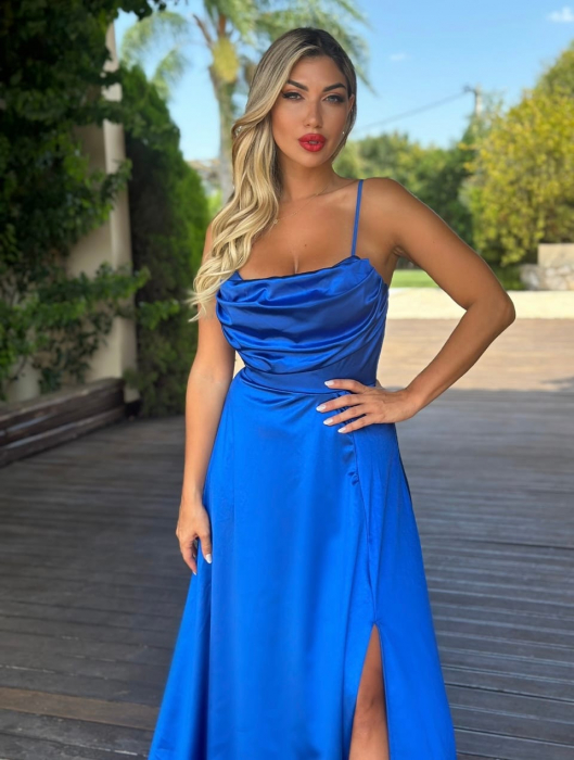 Rochie lunga satin maxi cu drapaj bust, bretele reglabile si cupe, marime universala S-M, culori multiple [1]