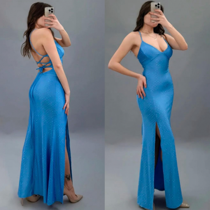 Rochie lunga satinata mulata cu slit adanc si strasuri – decolteu in V, spate lace-up, marime universala [2]