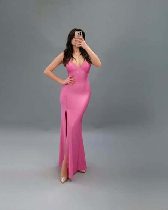 Rochie lunga satinata mulata cu slit adanc si strasuri – decolteu in V, spate lace-up, marime universala [2]