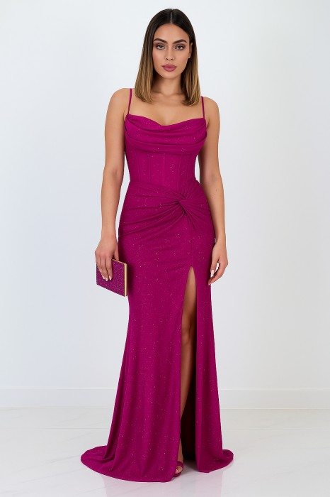 Rochie lungă sirenă cu corset și fronseuri drapate – model Victoria din lycra cu strasuri [3]