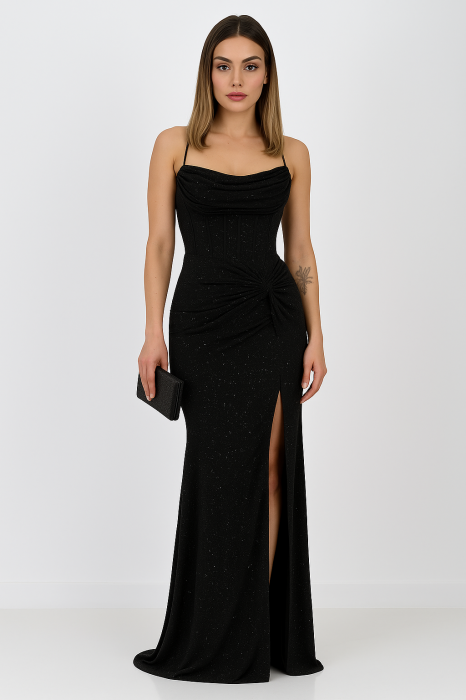 Rochie lungă sirenă cu corset și fronseuri drapate – model Victoria din lycra cu strasuri [1]