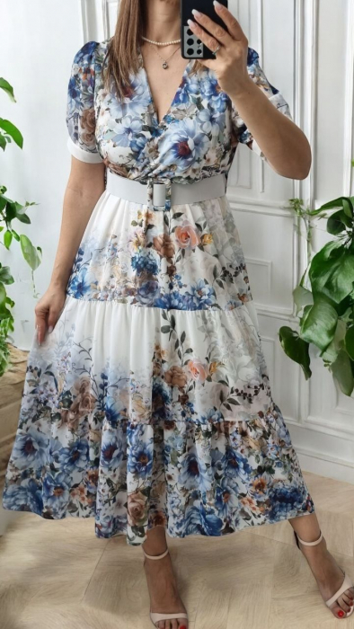 Rochie lunga vaporoasa cu imprimeu floral si curea accesorizata, croi in clos, marime unica S-L [1]